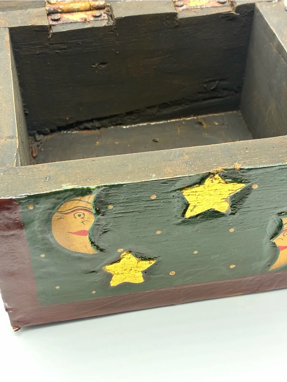 Vintage Folk Art Celestial Sun Moon Yin Yang Wooden Trinket Box